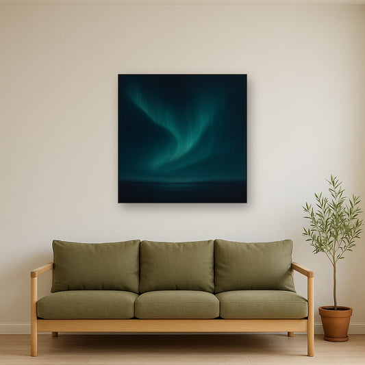 Aurora Borealis Veil in Deep Midnight Indigo No. 10 Oil Painting Staged Above Sectional Sofa in Living Room, Hand Painted Canvas Wall Art for Home Decor