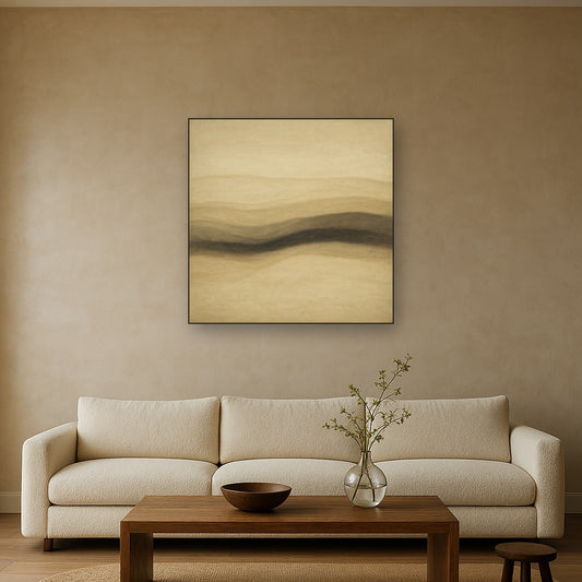 Raw Limestone Horizon & Washed Linen No. 2 Oil Painting Staged Above Sectional Sofa in Living Room, Hand Painted Canvas Wall Art for Home Decor