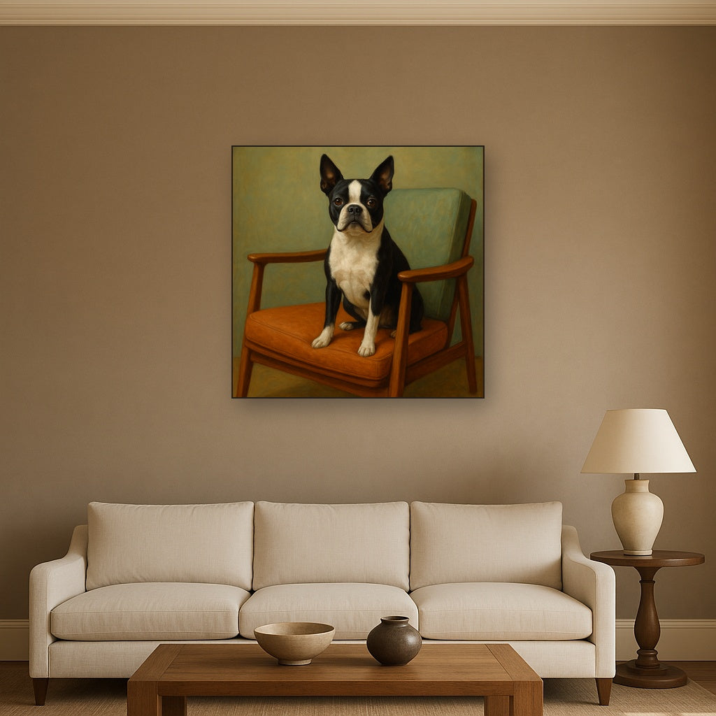 Boston Terrier in Warm Mid-Century Armchair No. 11 Fine Art Oil Painting - View 2
