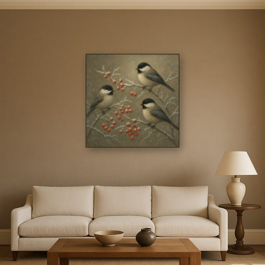Winter Birds on Frosty Red Berry Branch No. 5 Oil Painting Staged Above Sectional Sofa in Living Room, Hand Painted Canvas Wall Art for Home Decor