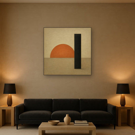Semicircle Horizon & Minimalist Pillar No. 14 Oil Painting Staged Above Sectional Sofa in Living Room, Hand Painted Canvas Wall Art for Home Decor