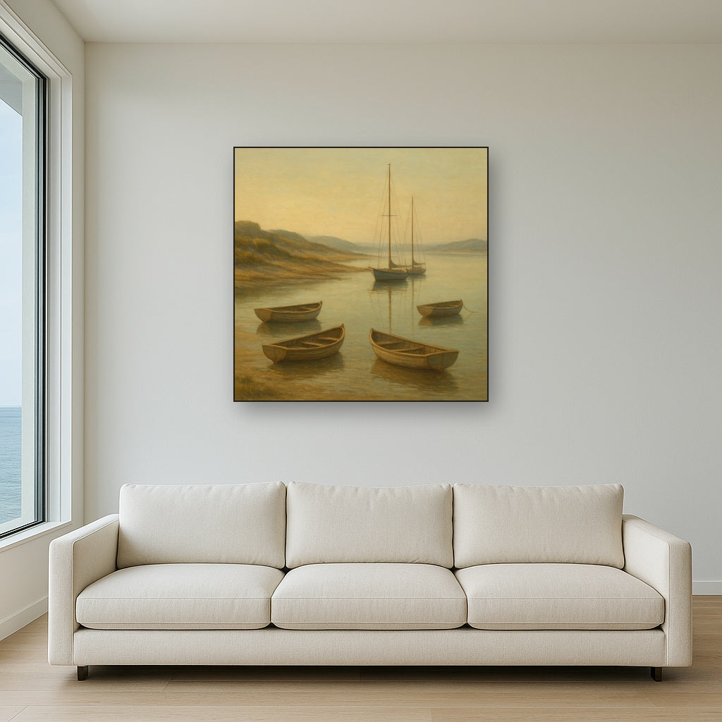 Quiet Fishing Harbor at Morning Low Tide No. 10 Oil Painting Staged Above Sectional Sofa in Living Room, Hand Painted Canvas Wall Art for Home Decor