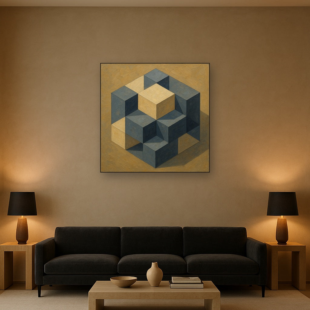 Isometric Modernist Cube Abstraction No. 6 Oil Painting - Styled in Modern Living Room