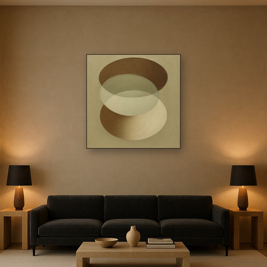 Floating Ellipse Harmony in Walnut & Pale Sage No. 7 Oil Painting Staged Above Sectional Sofa in Living Room, Hand Painted Canvas Wall Art for Home Decor