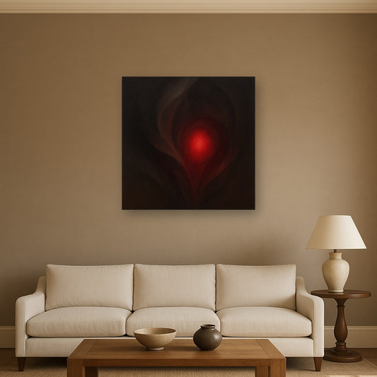 Smoky Ruby & Warm Obsidian Veils No. 15 Oil Painting Staged Above Sectional Sofa in Living Room, Hand Painted Canvas Wall Art for Home Decor