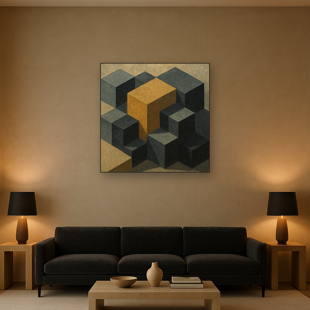 Isometric Modernist Cube Abstraction No. 2 Oil Painting - Styled in Modern Living Room