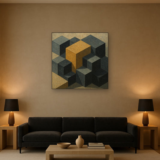 Isometric Modernist Cube Abstraction No. 2 Oil Painting - Styled in Modern Living Room