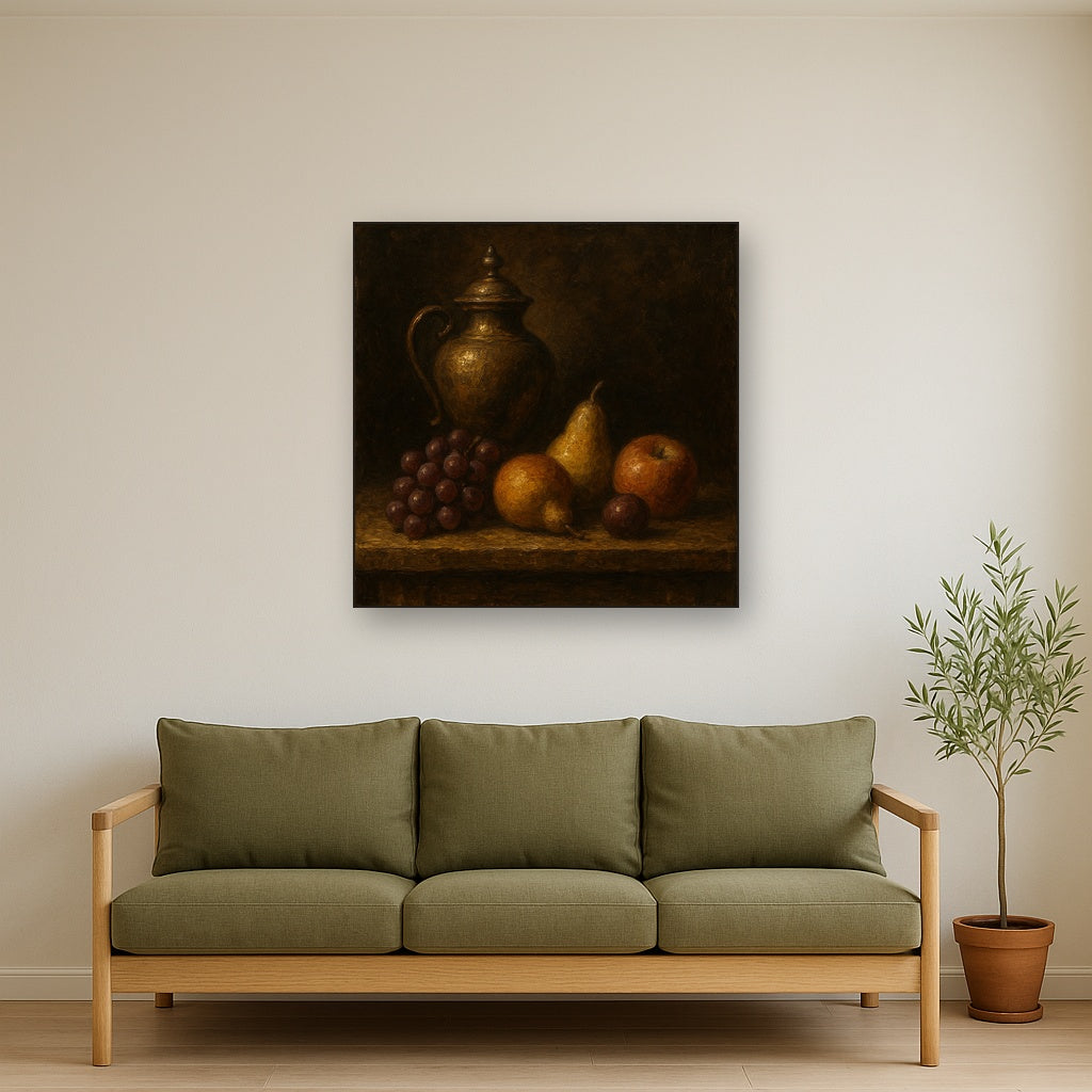 Classical Chiaroscuro Fruit & Urn Still Life No. 2 Oil Painting - Styled in Modern Living Room