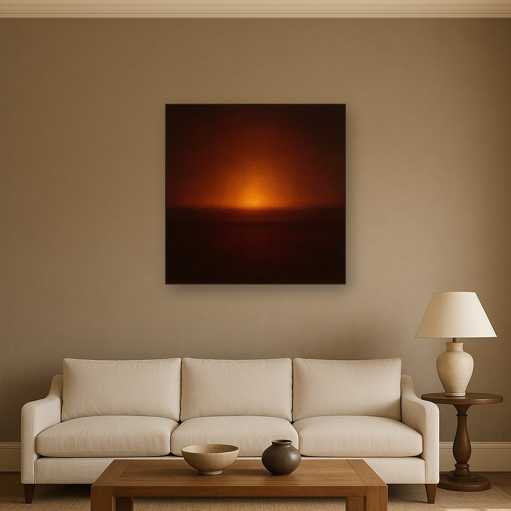 Deep Garnet & Amber Candlelight Horizon No. 5 Oil Painting Staged Above Sectional Sofa in Living Room, Hand Painted Canvas Wall Art for Home Decor