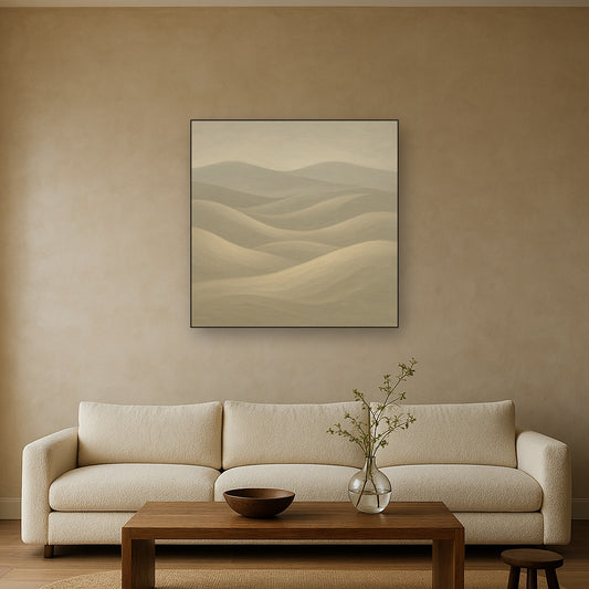 Monochrome Sand Dune Contours & Pale Slate No. 30 Oil Painting Staged Above Sectional Sofa in Living Room, Hand Painted Canvas Wall Art for Home Decor