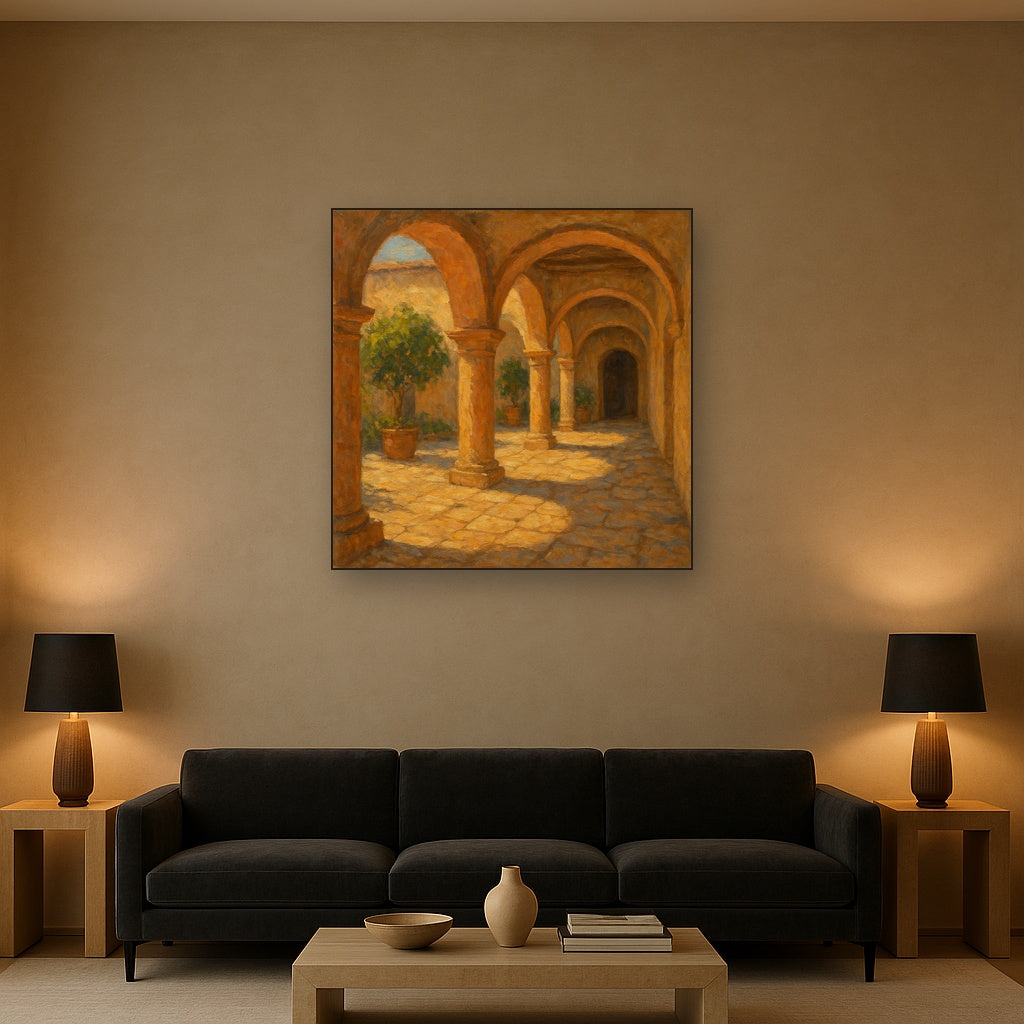 Mediterranean Courtyard Arcade Architectural Oil Painting - Styled in Modern Living Room
