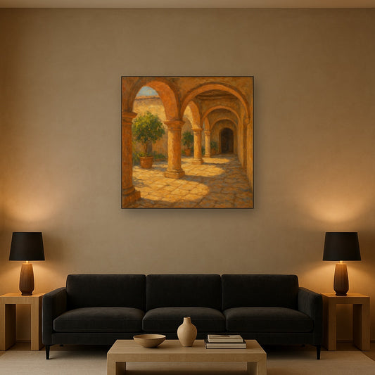 Mediterranean Courtyard Arcade Architectural Oil Painting - Styled in Modern Living Room