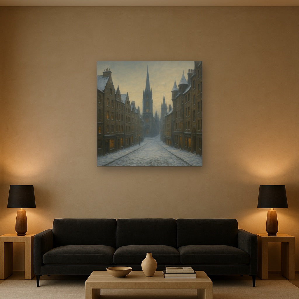 Edinburgh Old Town Royal Mile in Snow No. 4 Oil Painting - View 2