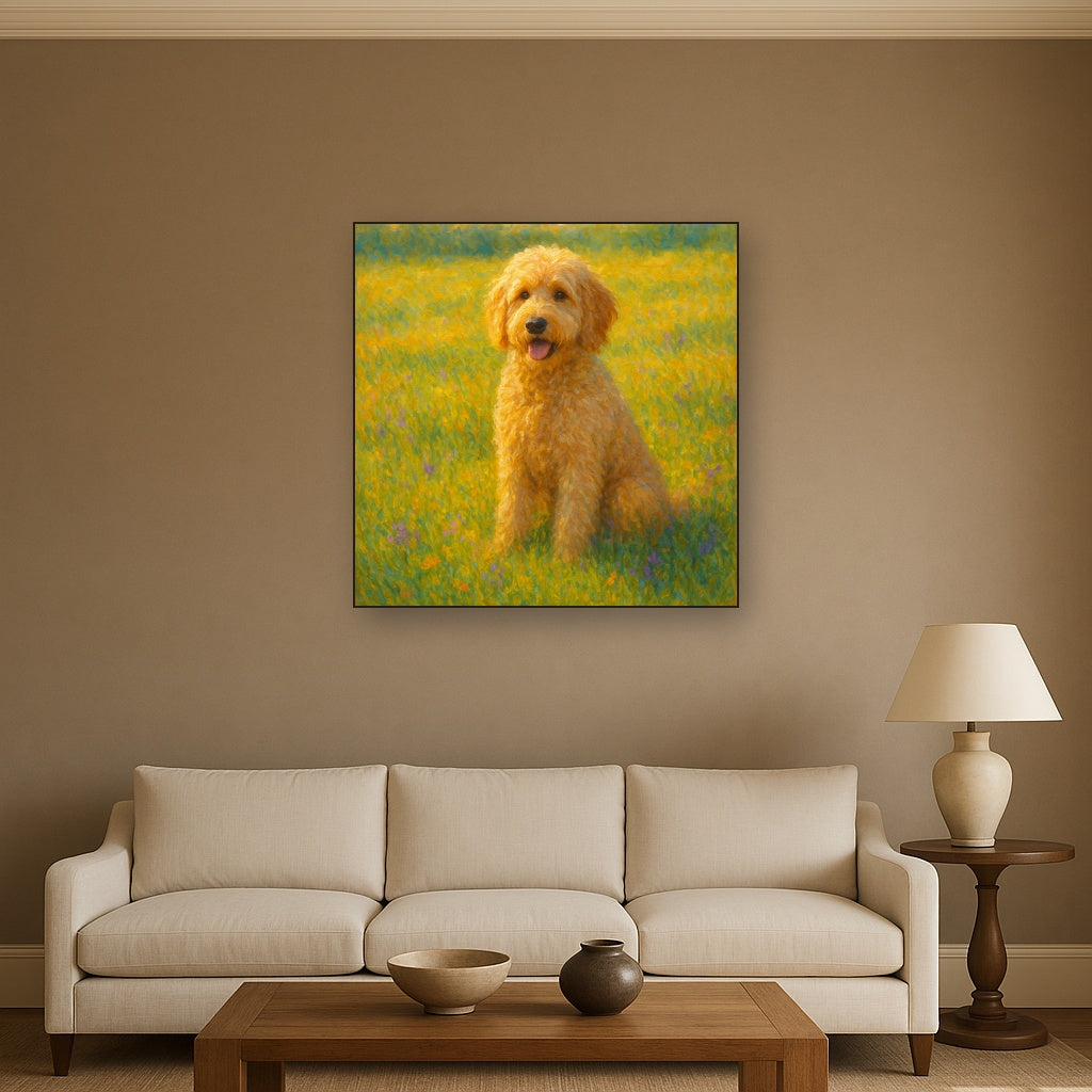 Fluffy Goldendoodle in Sun-Drenched Meadow No. 13 Fine Art Oil Painting - View 2