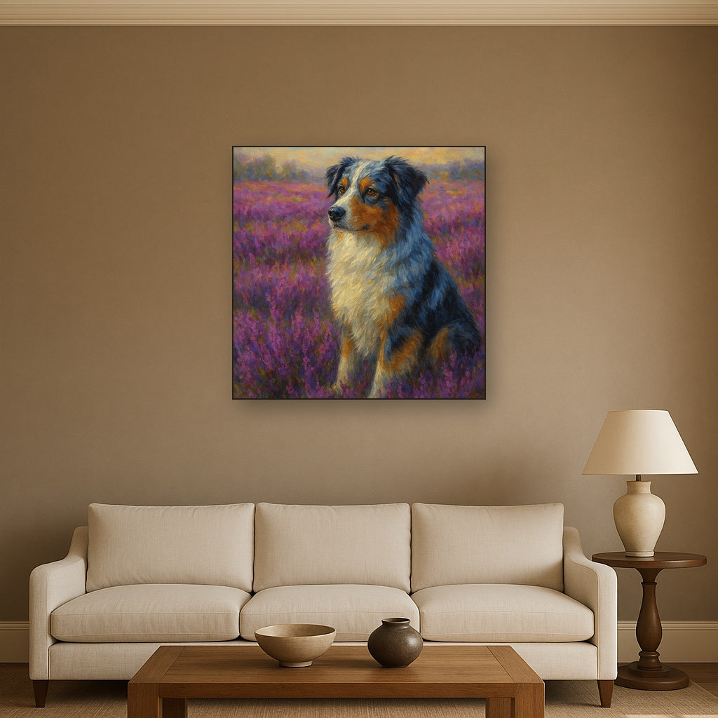 Australian Shepherd in Blooming Heather Field No. 9 Fine Art Oil Painting - View 2