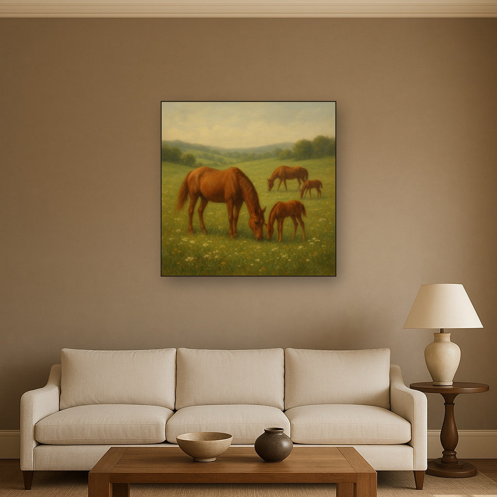 Mares & Foals Grazing in Rolling Meadow No. 3 Oil Painting - View 2