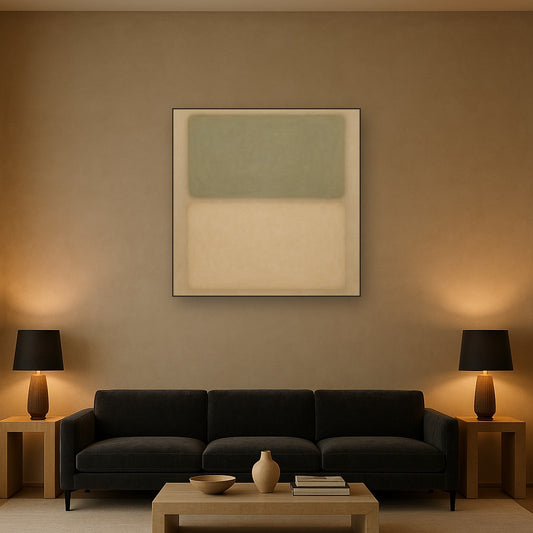 Sage Olive & Pale Sandstone Minimalist Harmony No. 20 Oil Painting Staged Above Sectional Sofa in Living Room, Hand Painted Canvas Wall Art for Home Decor