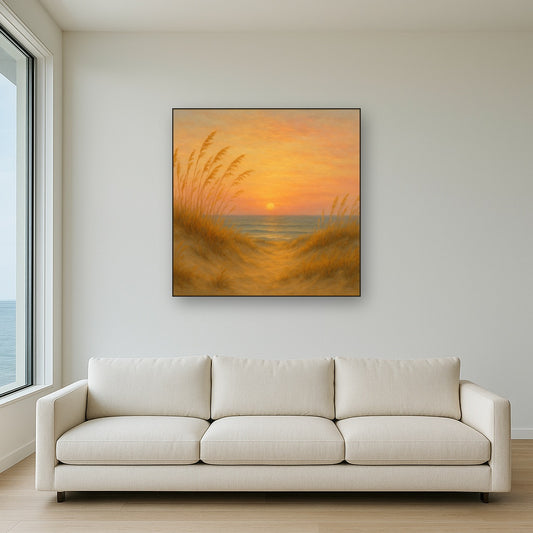 Sea Oats on Rolling Coastal Dunes at Sunset No. 3 Oil Painting Staged Above Sectional Sofa in Living Room, Hand Painted Canvas Wall Art for Home Decor