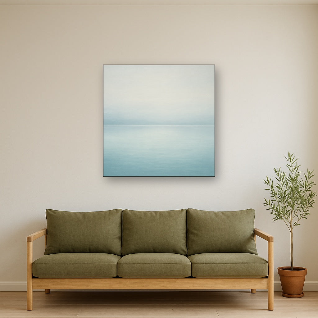 Glass Horizon over Quiet Arctic Waters No. 11 Oil Painting Staged Above Sectional Sofa in Living Room, Hand Painted Canvas Wall Art for Home Decor