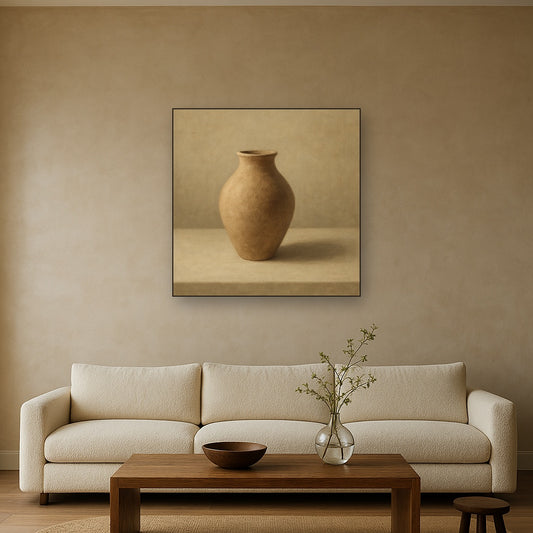Organic Clay Vessel & Solitary Shadow No. 8 Oil Painting Staged Above Sectional Sofa in Living Room, Hand Painted Canvas Wall Art for Home Decor