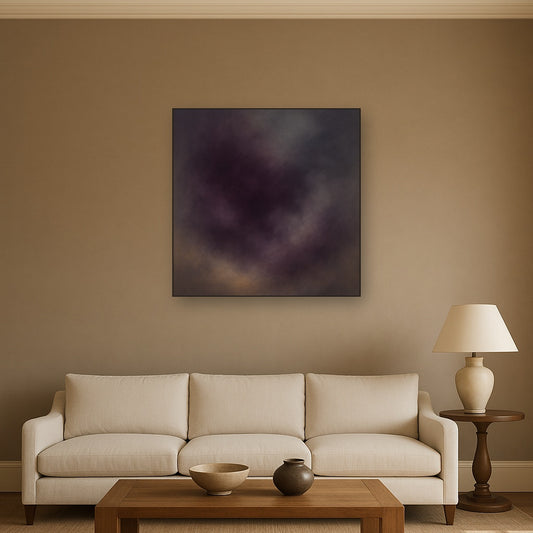 Gilded Plum & Soft Smoke Cloud Harmony No. 18 Oil Painting Staged Above Sectional Sofa in Living Room, Hand Painted Canvas Wall Art for Home Decor