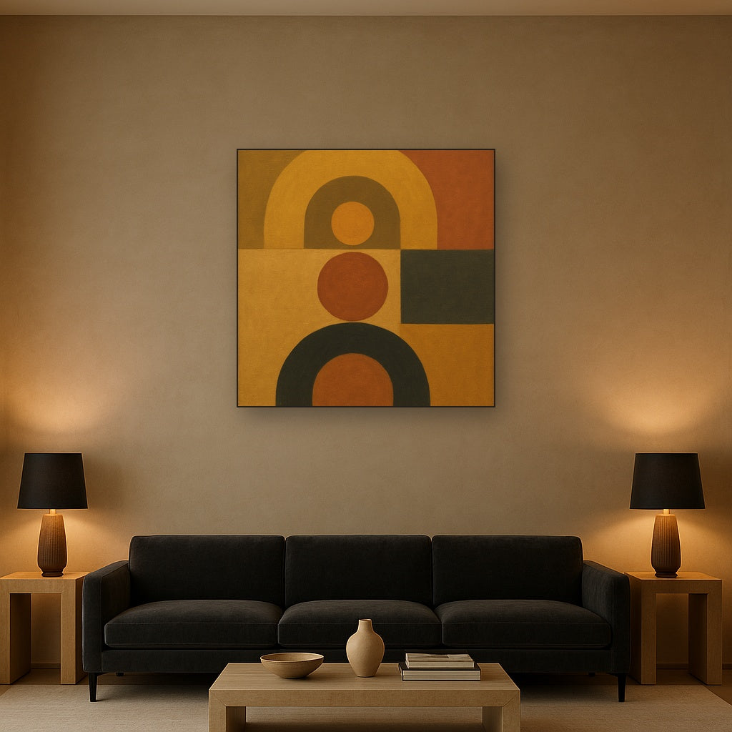 Arch & Circle Equilibrium in Warm Earth Tones No. 18 Oil Painting Staged Above Sectional Sofa in Living Room, Hand Painted Canvas Wall Art for Home Decor