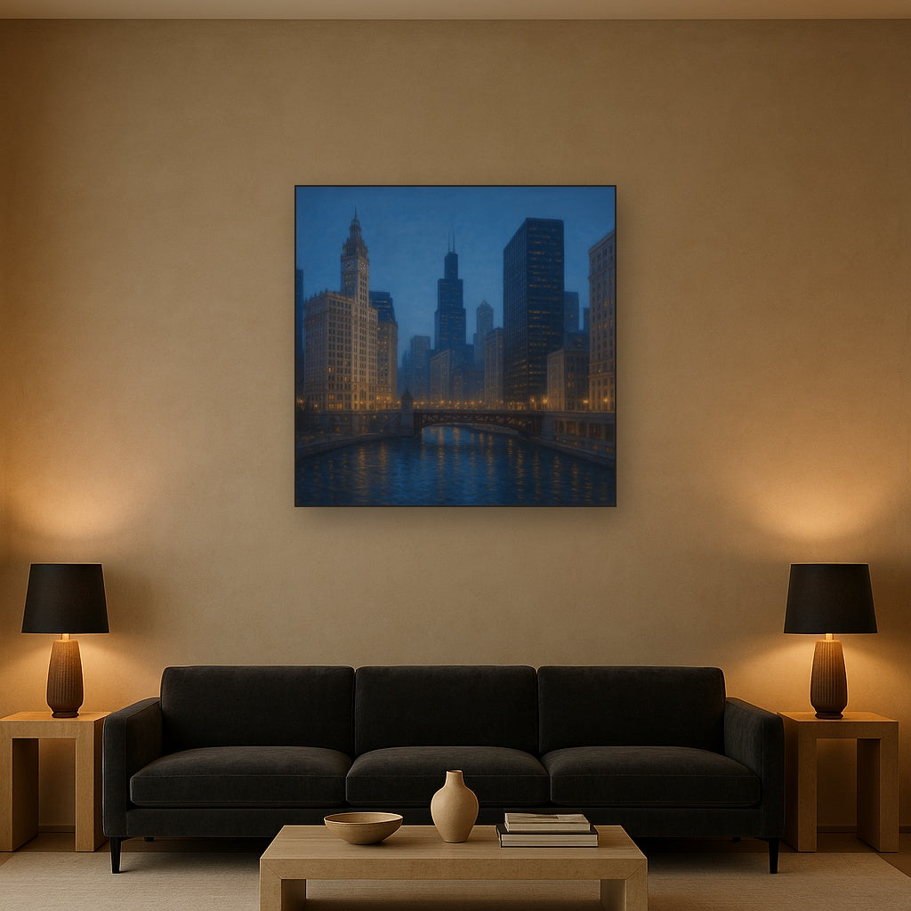 Chicago Riverfront Architecture at Blue Hour No. 22 Oil Painting - View 2