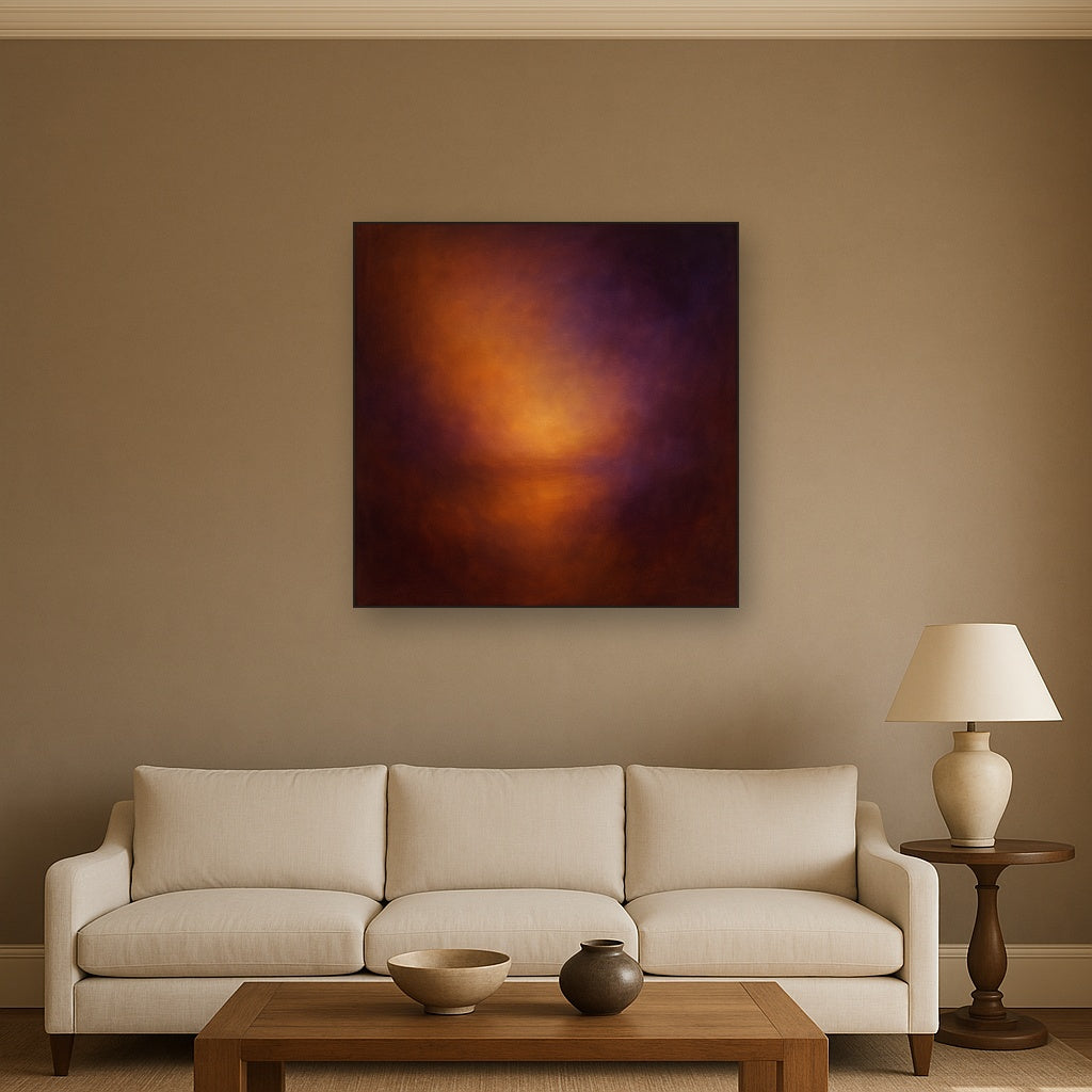 Burnt Amber & Velvet Amethyst Atmosphere No. 2 Oil Painting Staged Above Sectional Sofa in Living Room, Hand Painted Canvas Wall Art for Home Decor
