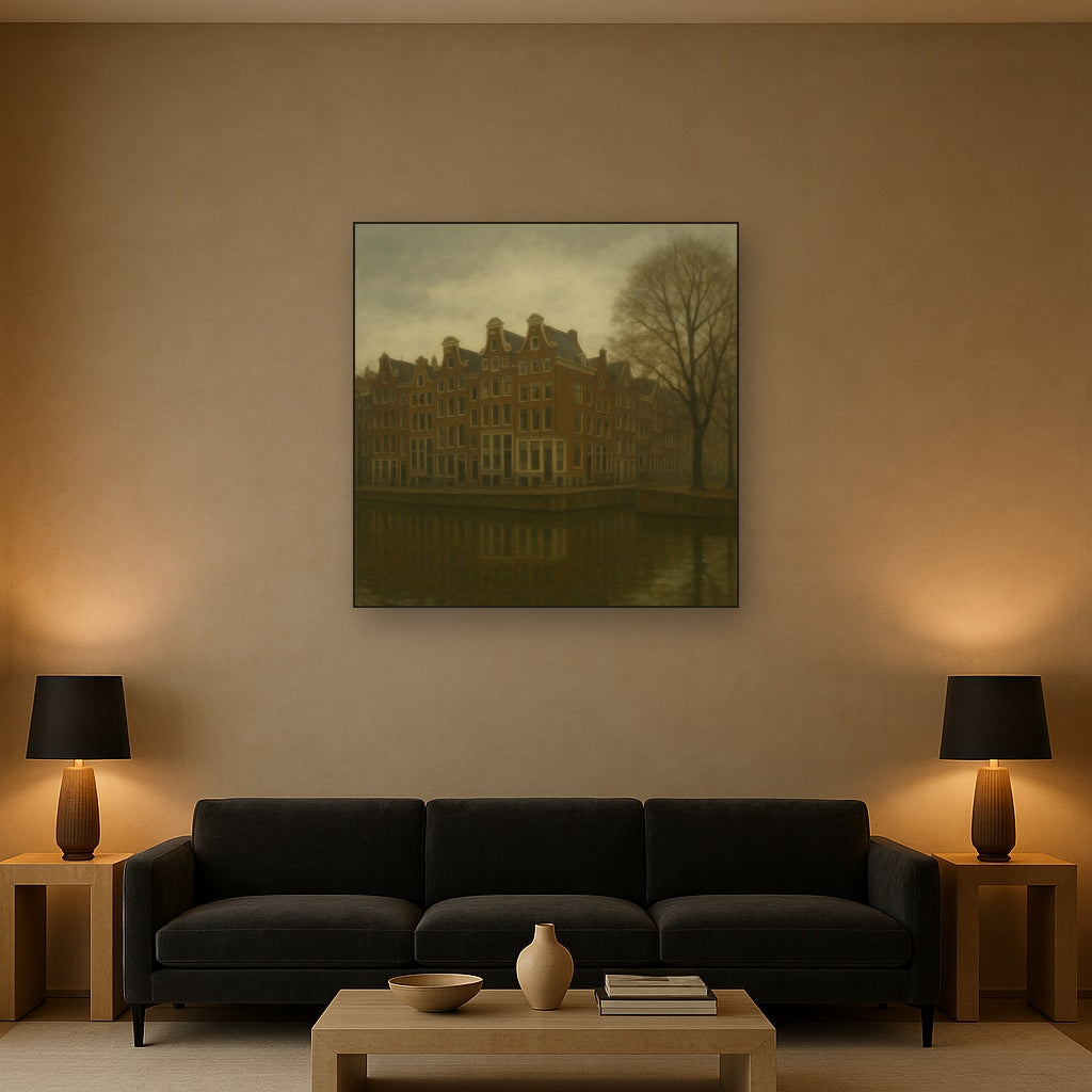 Amsterdam Canal Houses Under Overcast Sky No. 30 Oil Painting Staged Above Sectional Sofa in Living Room, Hand Painted Canvas Wall Art for Home Decor