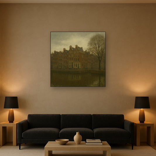 Amsterdam Canal Houses Under Overcast Sky No. 30 Oil Painting Staged Above Sectional Sofa in Living Room, Hand Painted Canvas Wall Art for Home Decor
