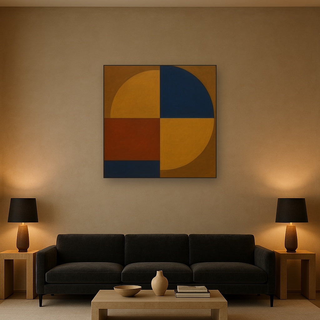 Bauhaus Quadrant Harmony in Primary Earth Tones No. 17 Oil Painting Staged Above Sectional Sofa in Living Room, Hand Painted Canvas Wall Art for Home Decor