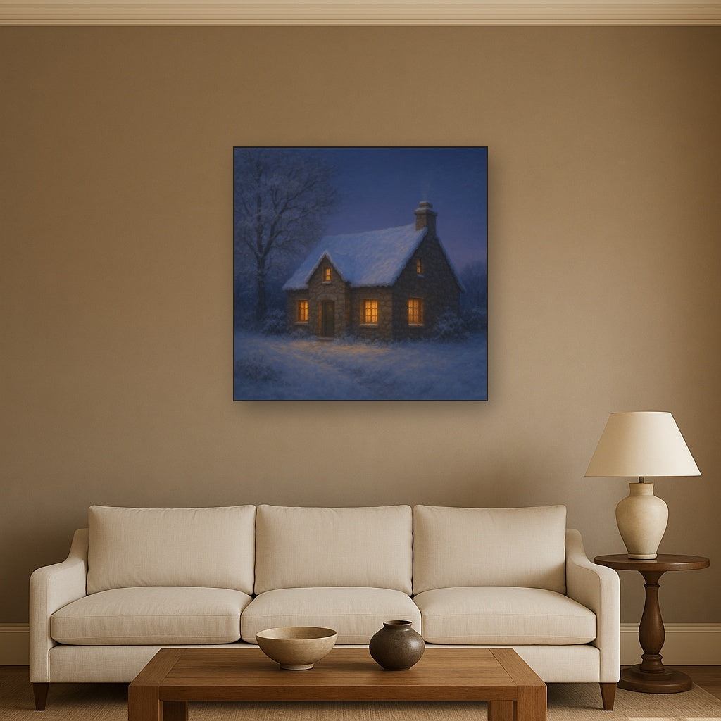 Snow-Dusted Stone Cottage at Twilight No. 5 Oil Painting - View 2