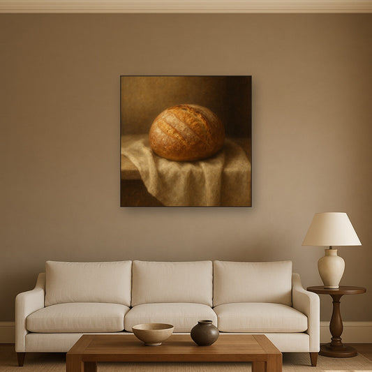 Artisan Sourdough Boule & Linen Drapery No. 5 Oil Painting Staged Above Sectional Sofa in Living Room, Hand Painted Canvas Wall Art for Home Decor