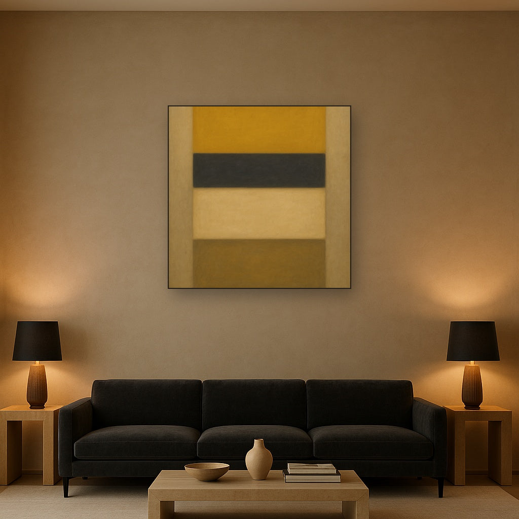 Stacked Horizon Blocks in Mustard & Charcoal No. 21 Oil Painting Staged Above Sectional Sofa in Living Room, Hand Painted Canvas Wall Art for Home Decor
