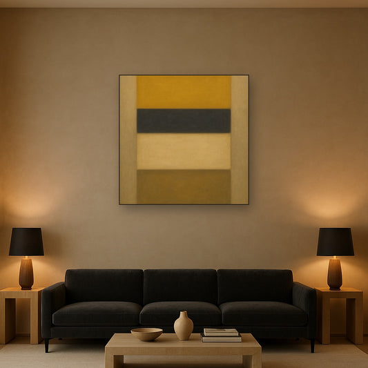 Stacked Horizon Blocks in Mustard & Charcoal No. 21 Oil Painting Staged Above Sectional Sofa in Living Room, Hand Painted Canvas Wall Art for Home Decor