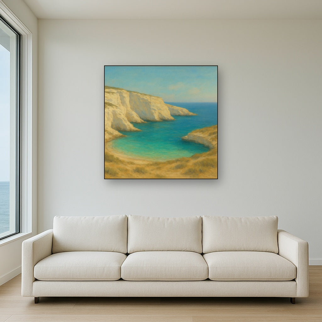 Mediterranean White Cliffs & Turquoise Cove No. 17 Oil Painting Staged Above Sectional Sofa in Living Room, Hand Painted Canvas Wall Art for Home Decor