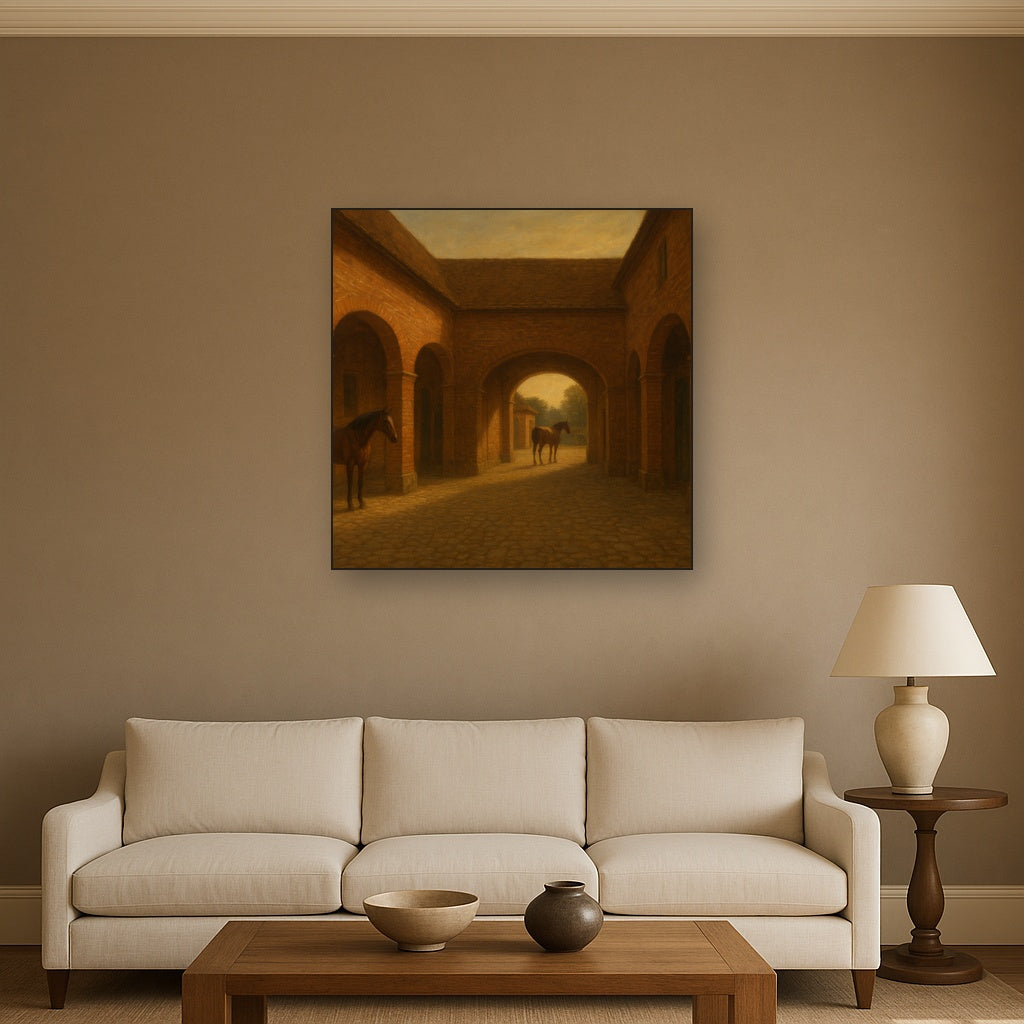 Equestrian Stable Courtyard in Late Afternoon No. 20 Oil Painting Staged Above Sectional Sofa in Living Room, Hand Painted Canvas Wall Art for Home Decor