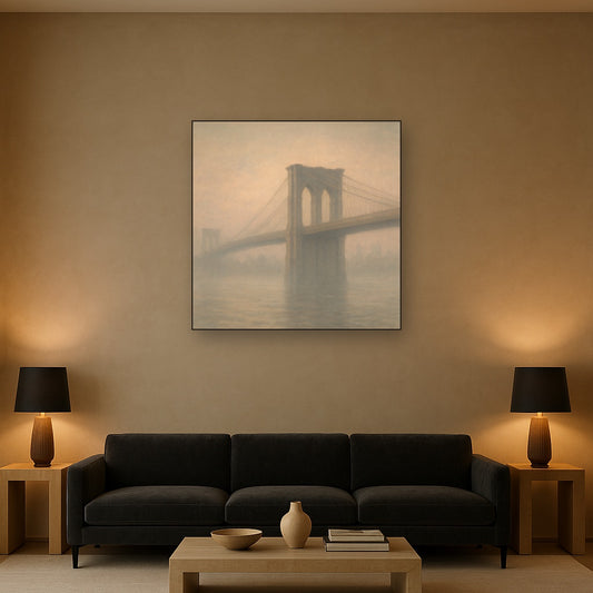 Brooklyn Bridge in Morning River Mist No. 2 Oil Painting Staged Above Sectional Sofa in Living Room, Hand Painted Canvas Wall Art for Home Decor