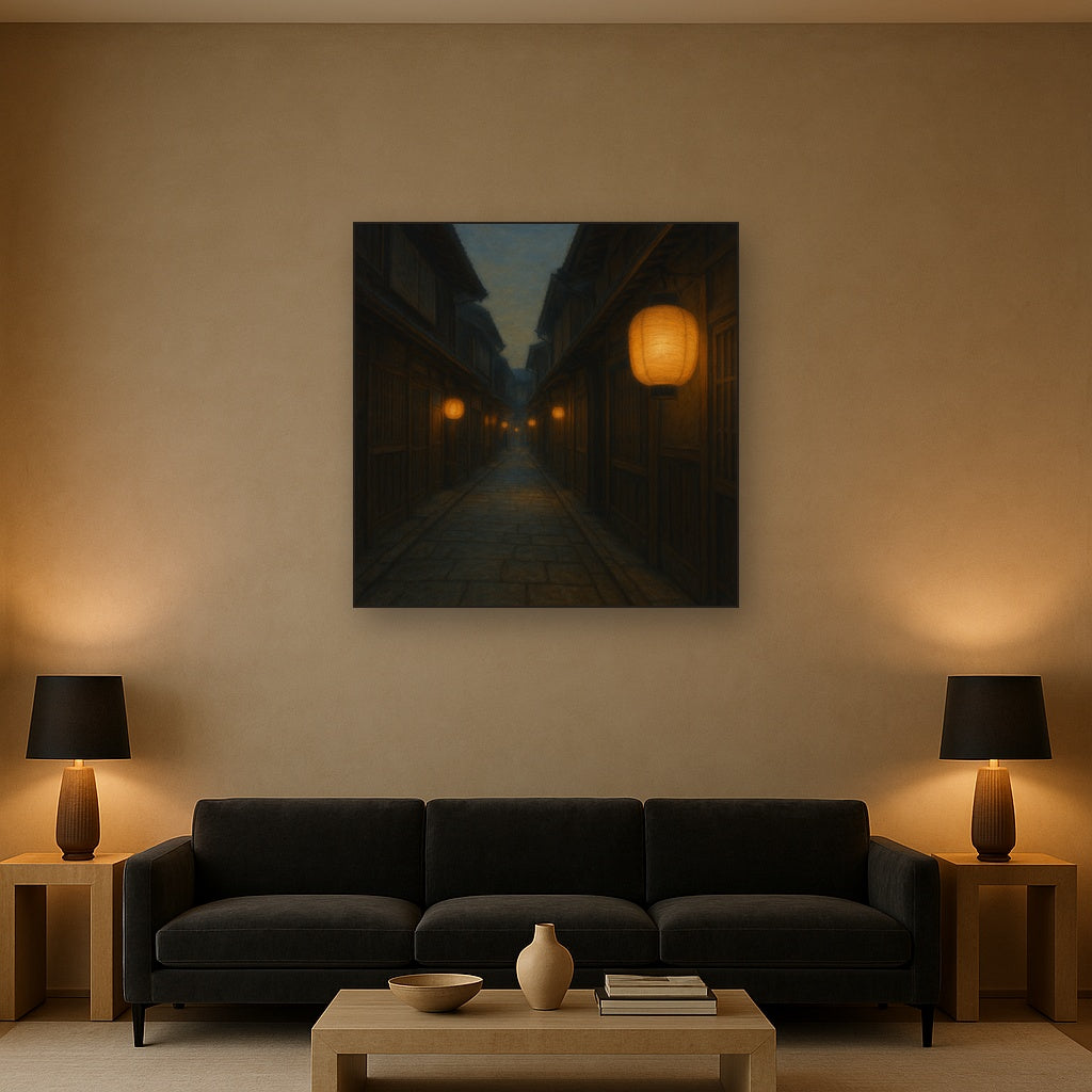 Old Kyoto Gion Alley in Soft Lantern Light No. 3 Oil Painting Staged Above Sectional Sofa in Living Room, Hand Painted Canvas Wall Art for Home Decor