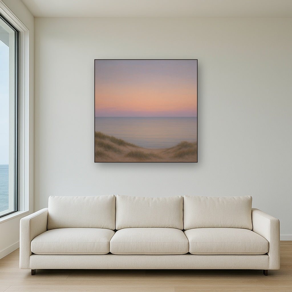 Pastel Dusk Horizon over Calm Atlantic Waters No. 17 Oil Painting Staged Above Sectional Sofa in Living Room, Hand Painted Canvas Wall Art for Home Decor