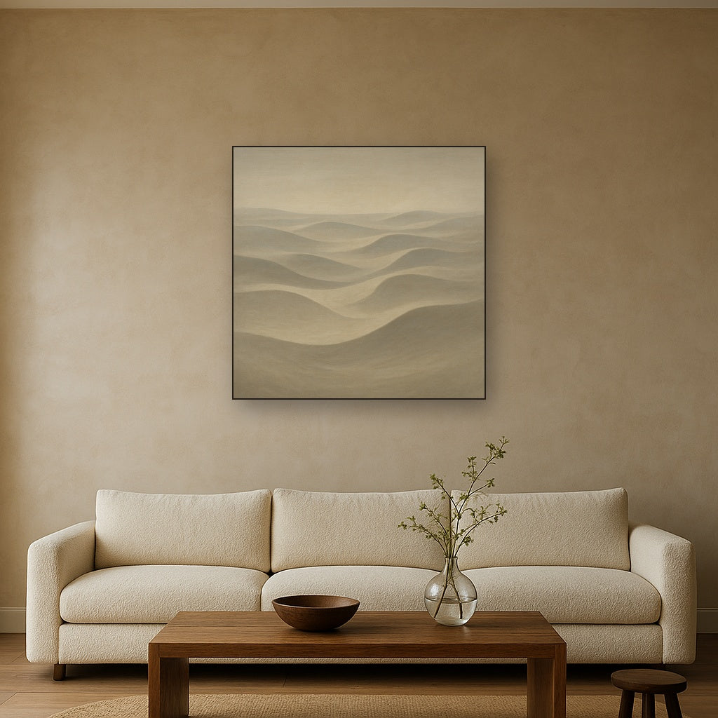 Monochrome Sand Dune Contours & Pale Slate No. 19 Oil Painting Staged Above Sectional Sofa in Living Room, Hand Painted Canvas Wall Art for Home Decor
