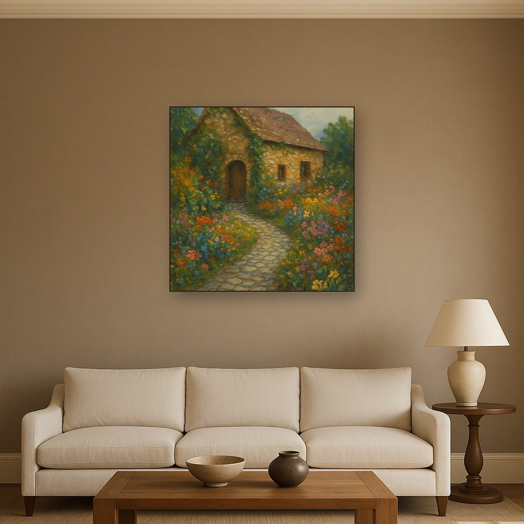 Rustic Stone Cottage Path with Wild Garden Blooms No. 9 Fine Art Oil Painting - View 2