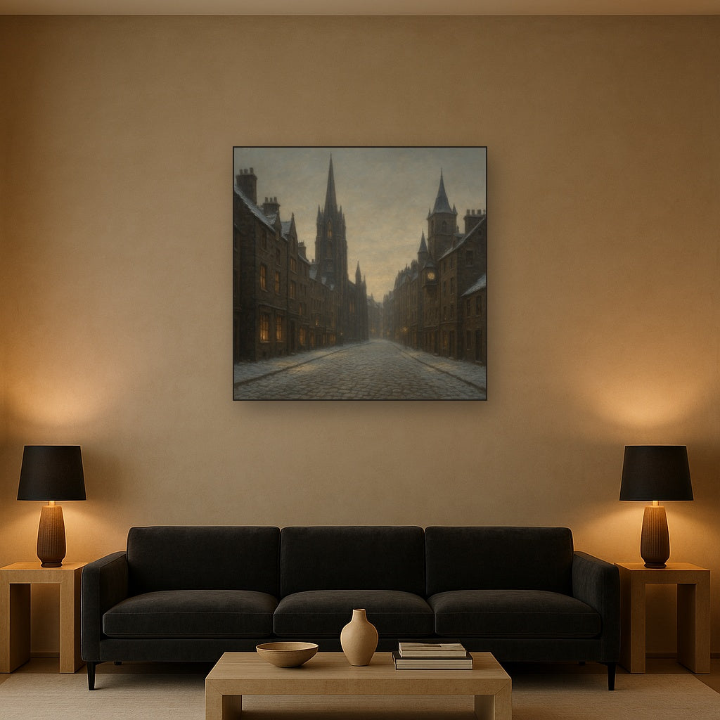 Edinburgh Old Town Royal Mile in Snow No. 26 Oil Painting Staged Above Sectional Sofa in Living Room, Hand Painted Canvas Wall Art for Home Decor
