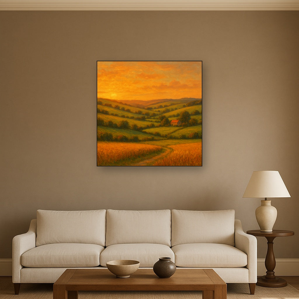 Rolling Pastoral Hills in Warm Golden Sunset Fine Art Oil Painting - View 2