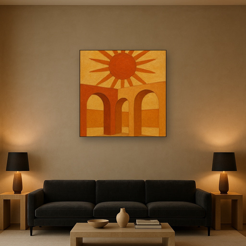 Mid-Century Terracotta Sun & Arches Oil Painting - Styled in Modern Living Room