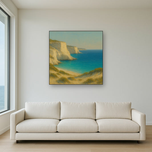 Mediterranean White Cliffs & Turquoise Cove No. 3 Oil Painting Staged Above Sectional Sofa in Living Room, Hand Painted Canvas Wall Art for Home Decor