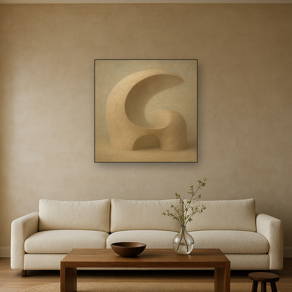 Soft Architectural Curve in Desert Bone No. 29 Oil Painting Staged Above Sectional Sofa in Living Room, Hand Painted Canvas Wall Art for Home Decor