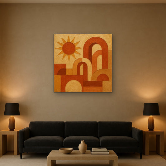Mid-Century Terracotta Sun & Arches No. 8 Oil Painting - Styled in Modern Living Room