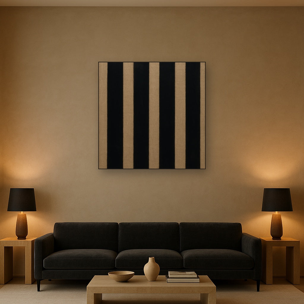 Minimalist Black Stripe & Raw Linen Rhythm No. 5 Fine Art Oil Painting - View 2