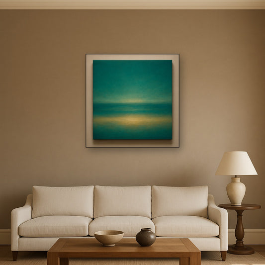 Peacock Teal & Champagne Gold Horizon No. 13 Oil Painting - View 2
